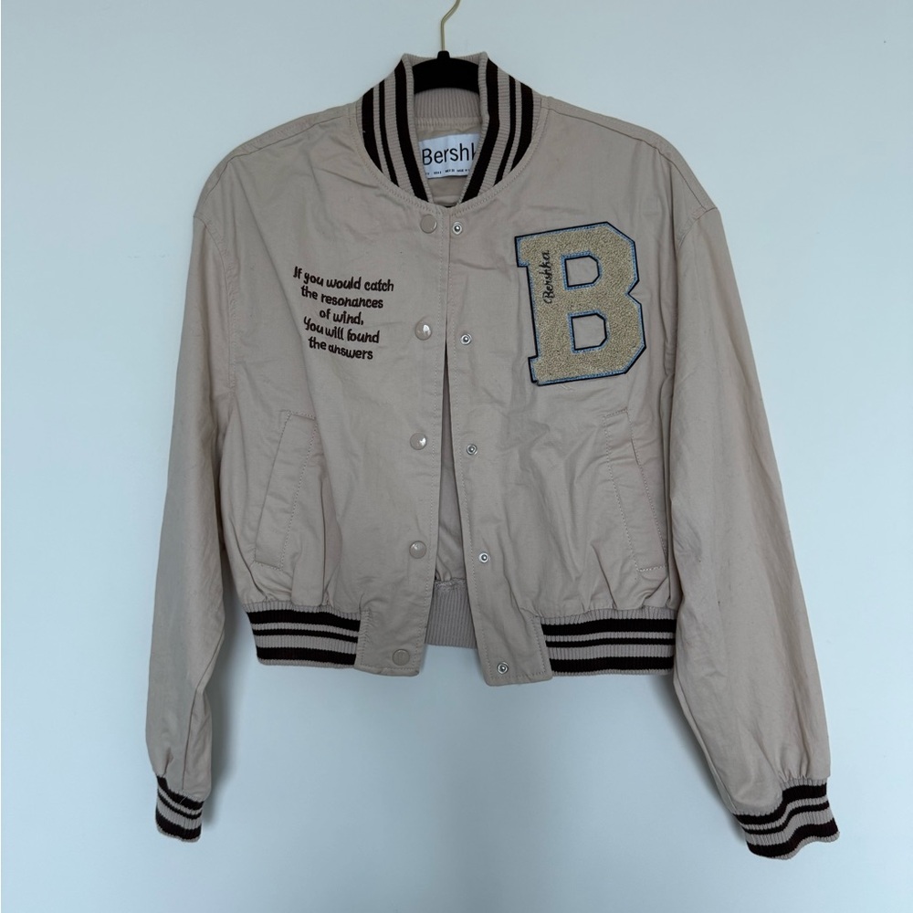 Bershka Cream Varsity Jacket with Embroidered Patch